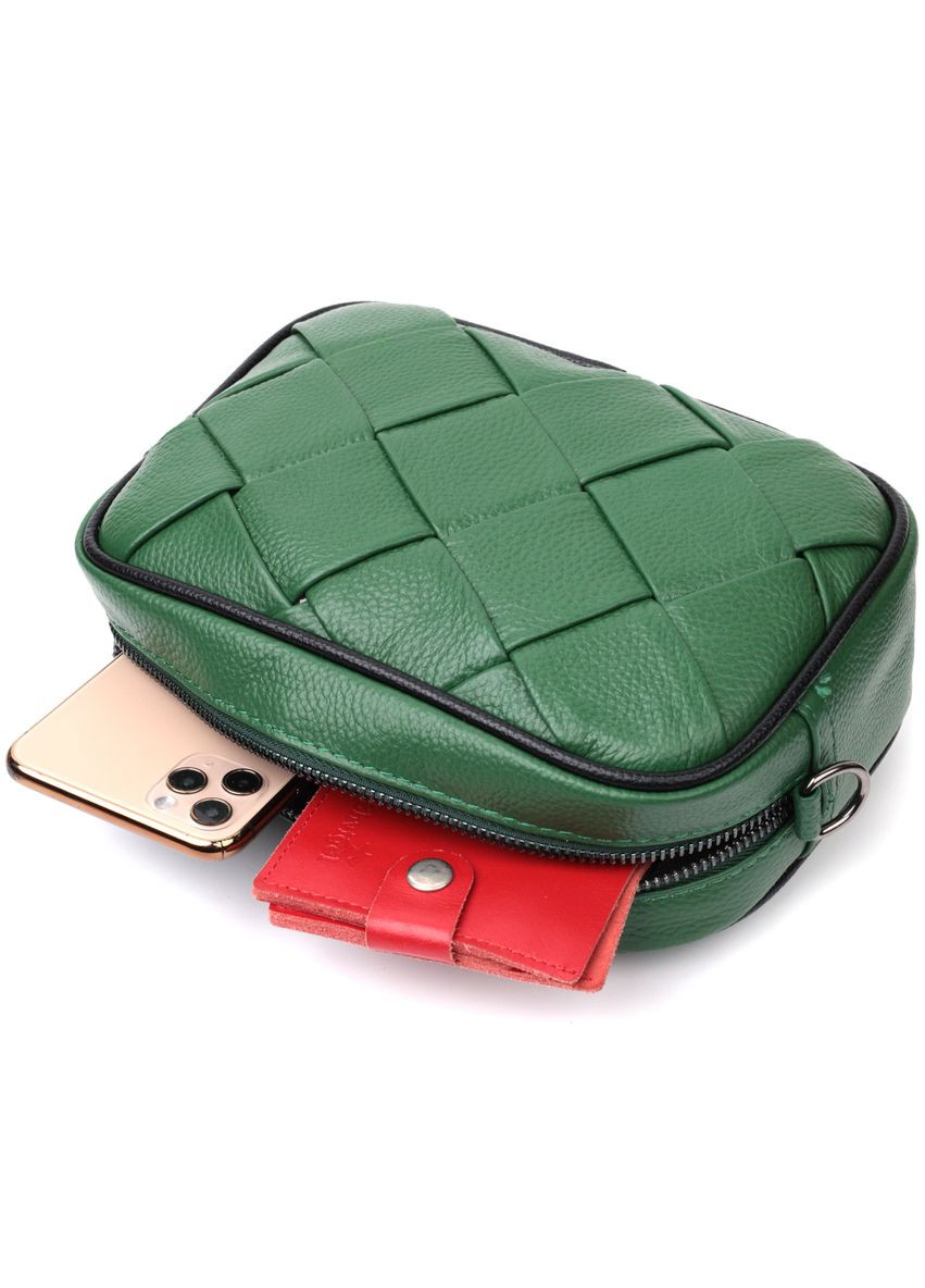 Сумка кроссбоди с широким ремнем через плечо женская с плетениями для стильных женщин зеленая 22410 Vintage (329198795)