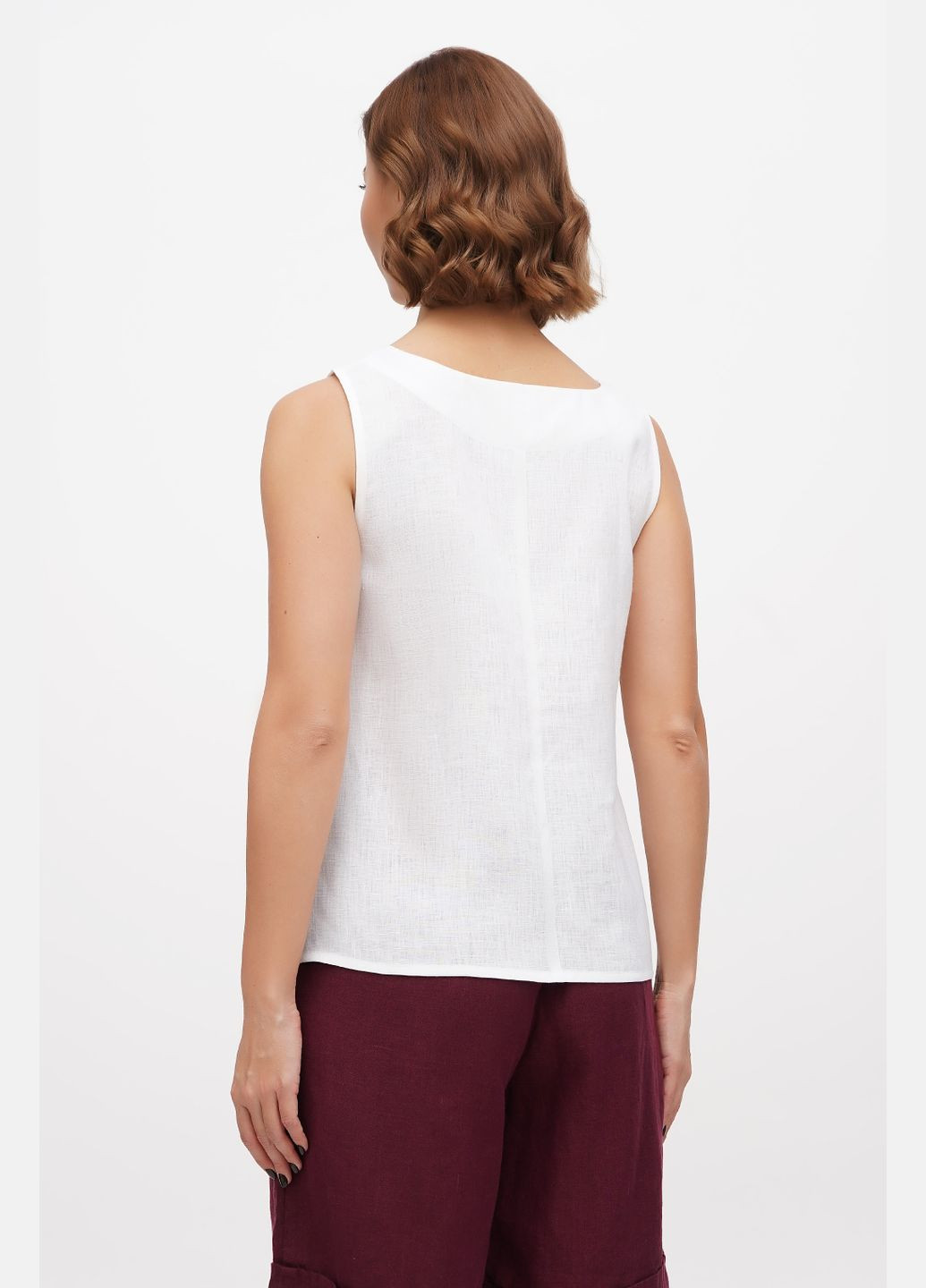 Біла вишиванка. жіноча блуза з тонкого льону без рукавів з квітами белла., р., код 9414/44/320 ГАЛЕРЕЯ ЛЬОНУ