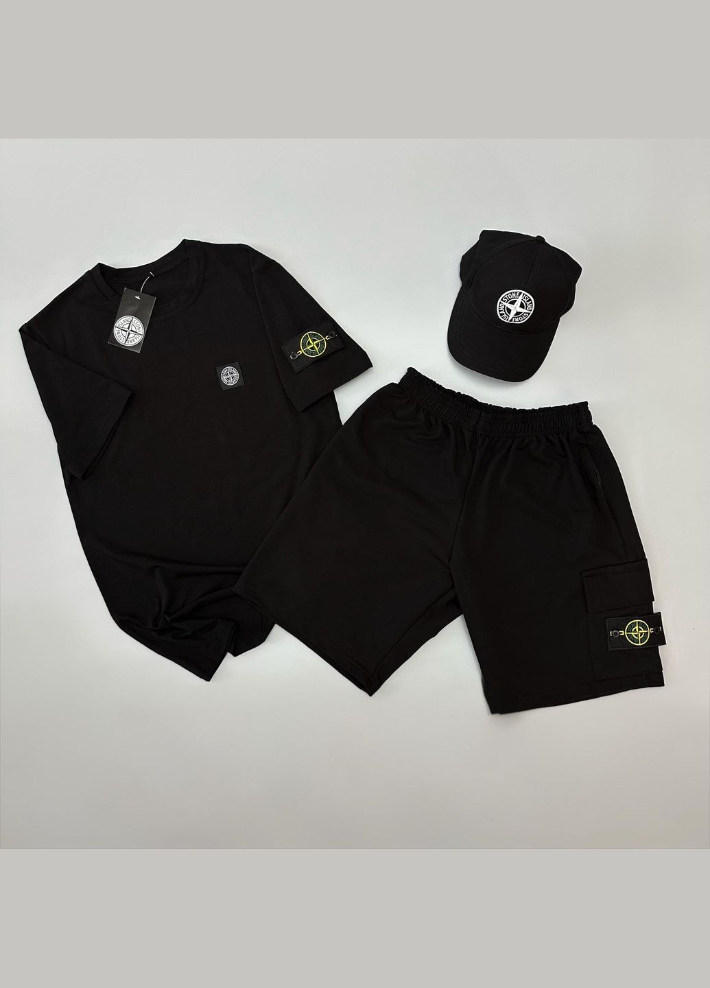 Стильний чоловічий літній костюм 3в1 Stone Island чорний No Brand (342120222)