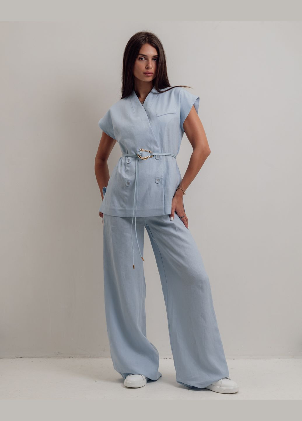 Костюм жіночий літній блакитний льон (жилет, штани) Esta Line (341676030)
