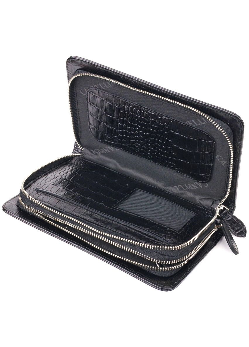 Стильная мужская барсетка на два отделения из натуральной фактурной кожи с тиснением под крокодила 21570 Черная Canpellini (298569672)