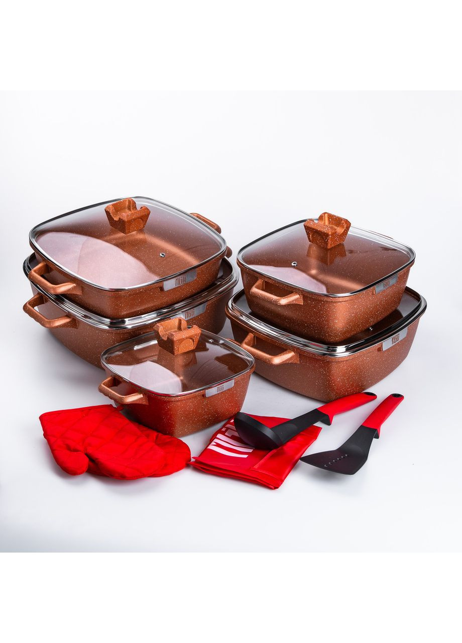 Набор из 5 алюминиевых квадратных кастрюль с толстым дном + лопатка, половник, перчатки и фартук MGC (360455446)