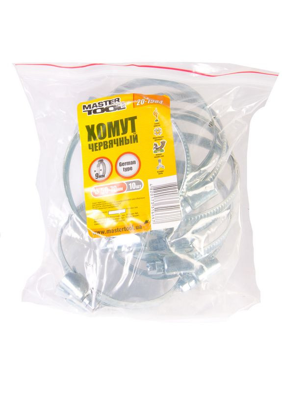 Хомут червячный German type W1 DIN 3017 9.0 мм Ø 50-70 мм 10 шт 20-1984 Mastertool (365626842)