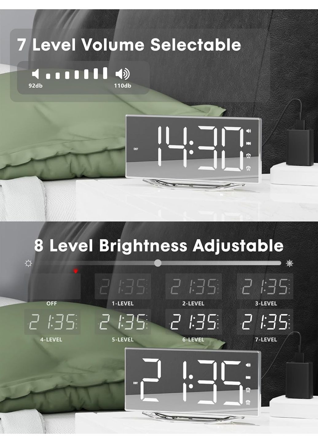 Зеркальные настольные часы с вибрационным будильником 20×4,5×10,2 см комбинированные Amazon (358204734)