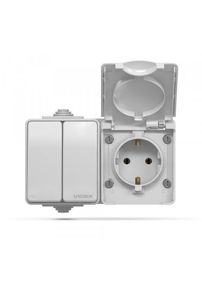 IP65 Розетка наружная одинарная с заземлением и выключателем двухклавишным серая BINERA Videx (366298506)