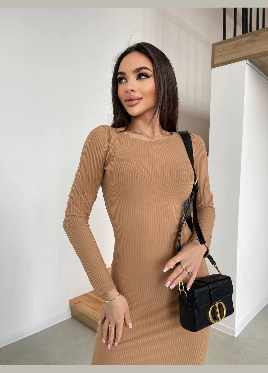 Бежева повсякденний, кежуал базова трикотажна сукня в рубчик Vakko однотонна