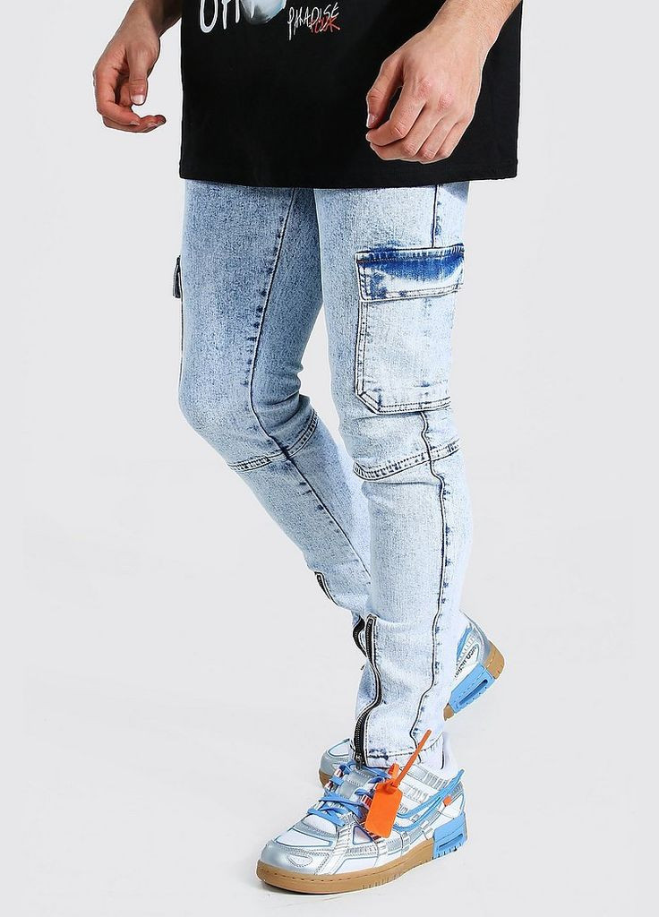 Голубые демисезонные скинни, карго джинсы Skinny Stretch Zip Front MZZ04964 Boohoo