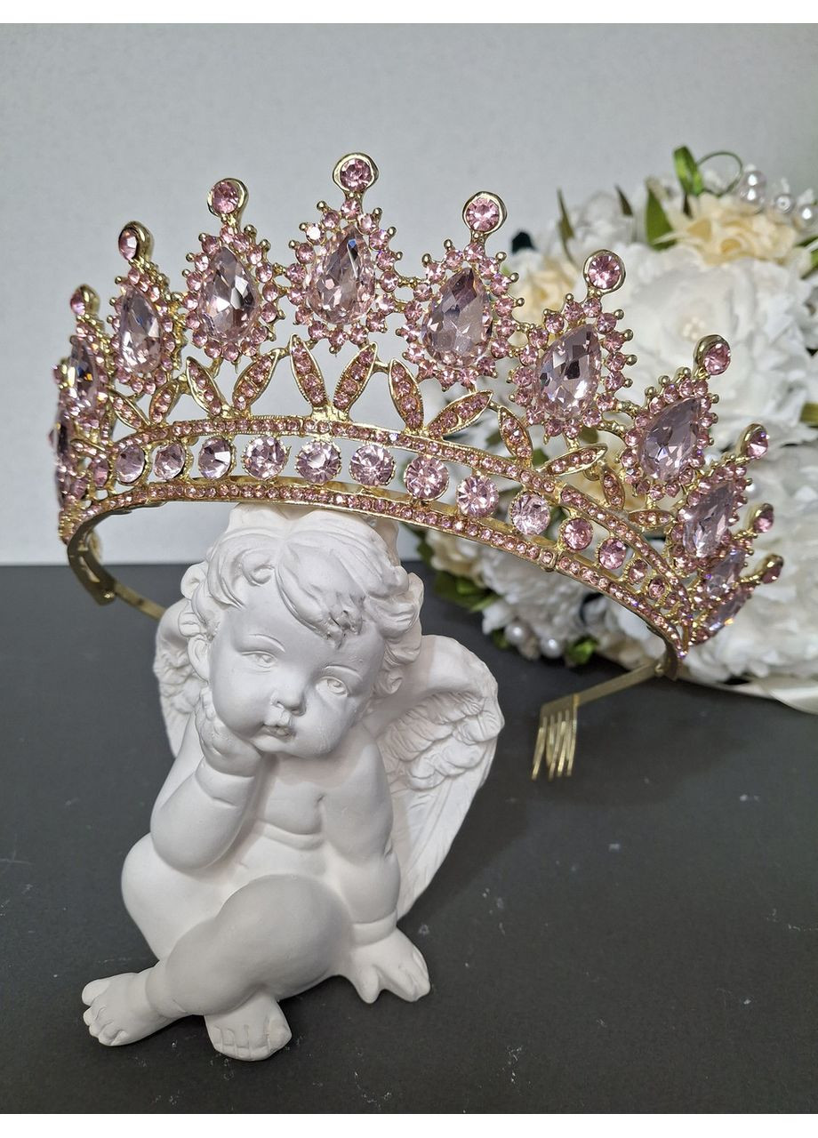 Діадема висока з кристалами Сваровскі, корона, рожеві камені No Brand (369162297)