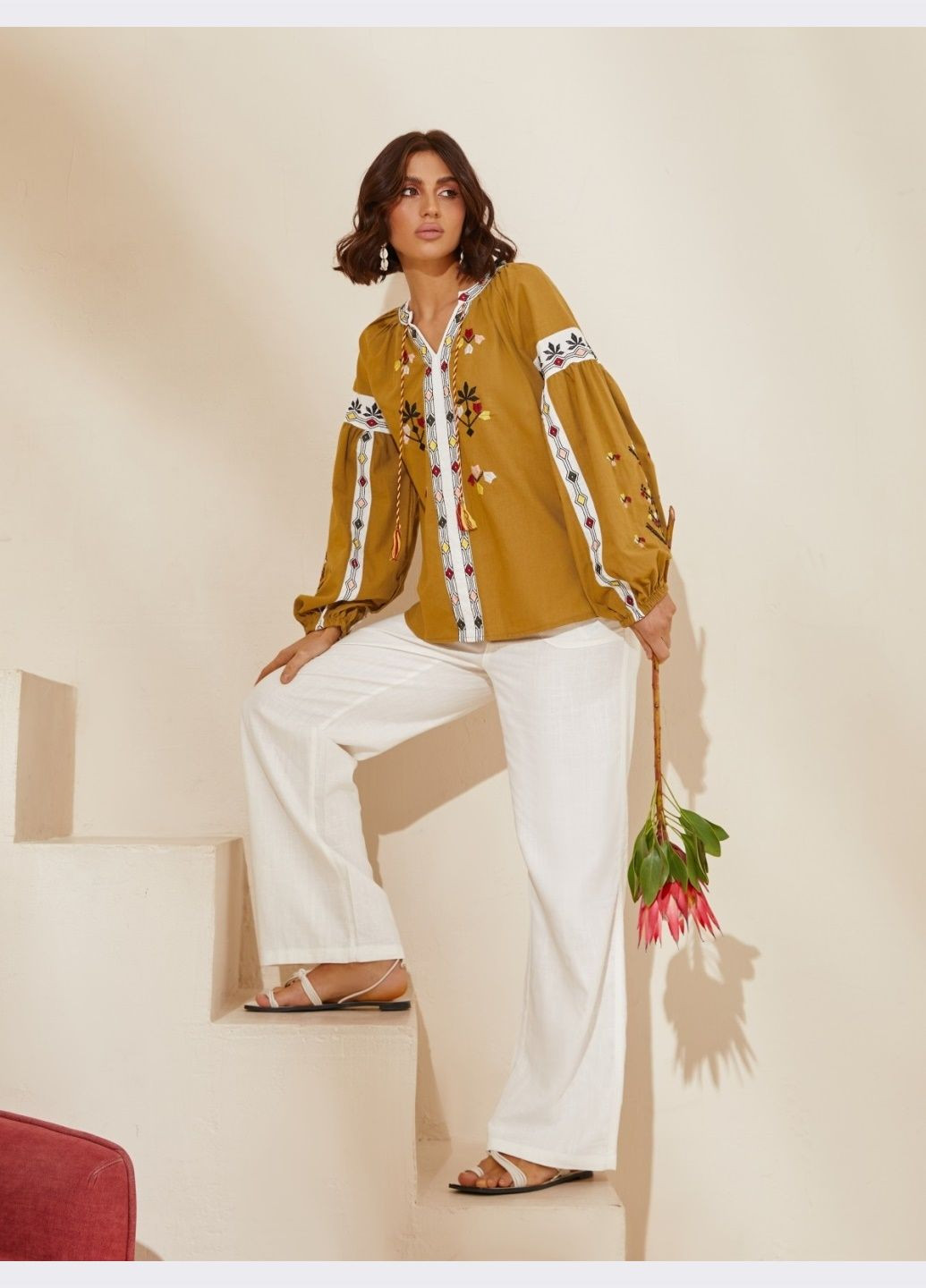блузка гірчичного кольору з вишивкою та довгими рукавами Dressa (293486232)