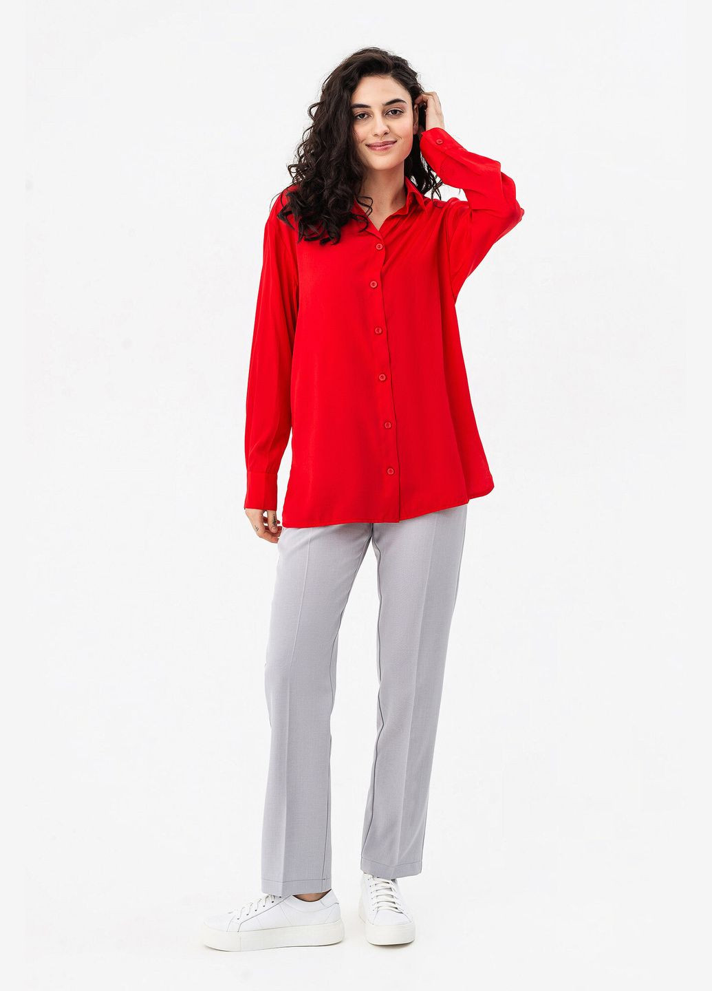 Красная кэжуал рубашка однотонная Garne с длинным рукавом