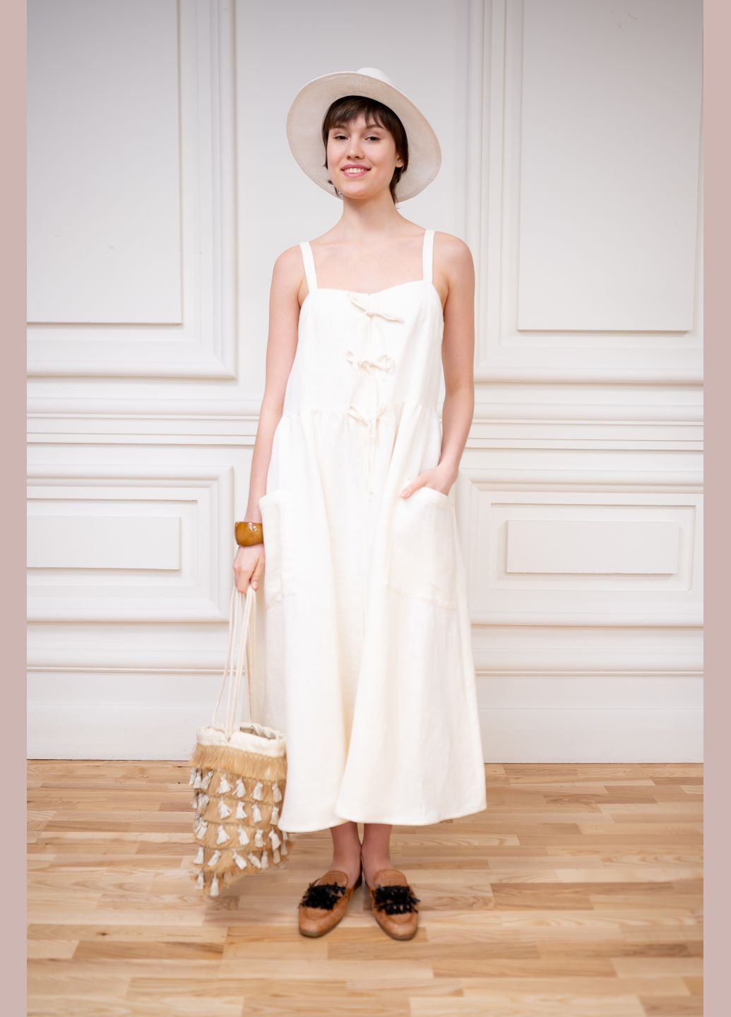 женский лляный молочный сарафан в стиле сафари аметиста Dolcedonna