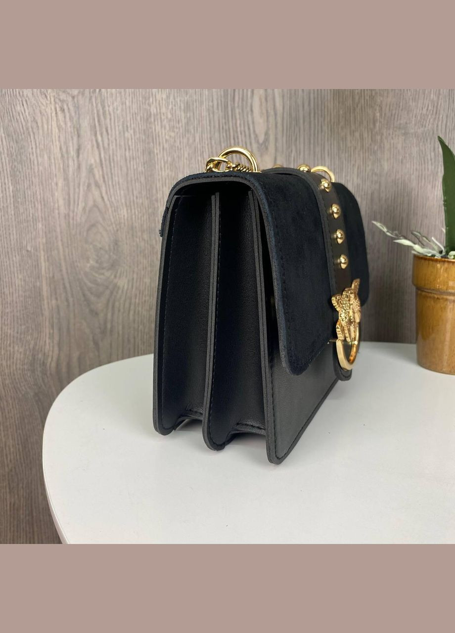 Замшевая мини сумочка клатч с цепочкой для девушек, 3 отделения, черный с золотом (sku_1149М) No Brand (330576431)