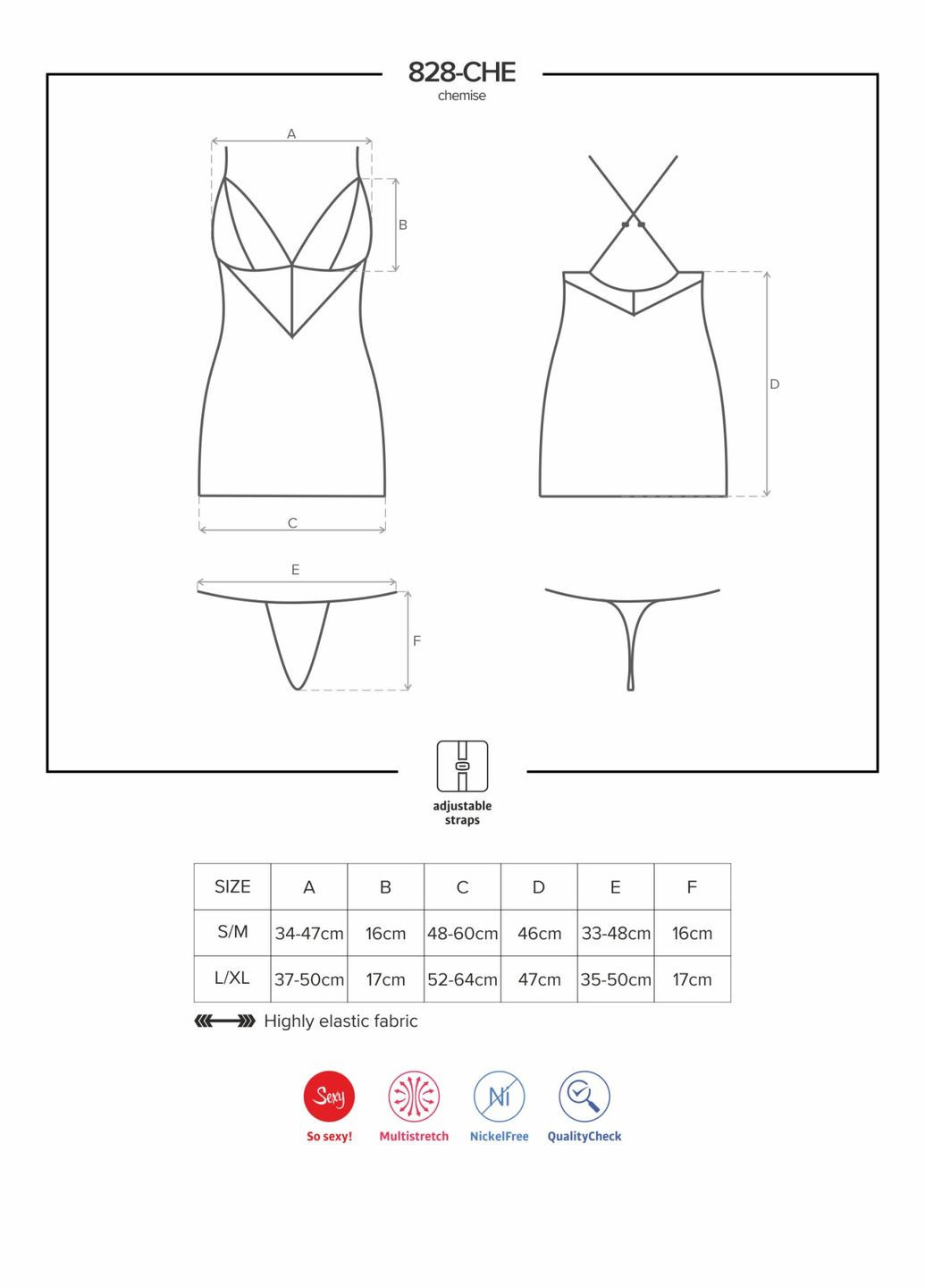 Сатиновий комплект для сну з мереживом 828-CHE-1 chemise & thong, чорний, сорочка, стр Obsessive (297587869)
