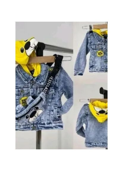 Синяя демисезонная модная джинсовая куртка для мальчика с красным капюшоном и сумочкой Happy House