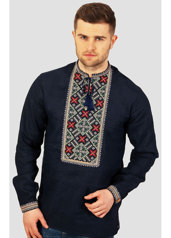 Тёмно-синяя мужская вышиванка из льняного полотна (fm2159) Folk Moda (365729875)
