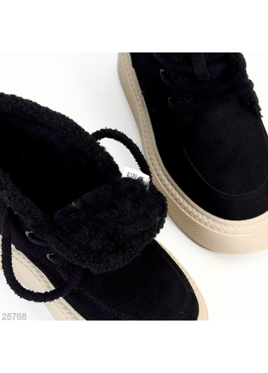 женские зимние ботинки maline, черные с бежевой подошвой, натуральная замша, на платформе с экохутром. No Brand