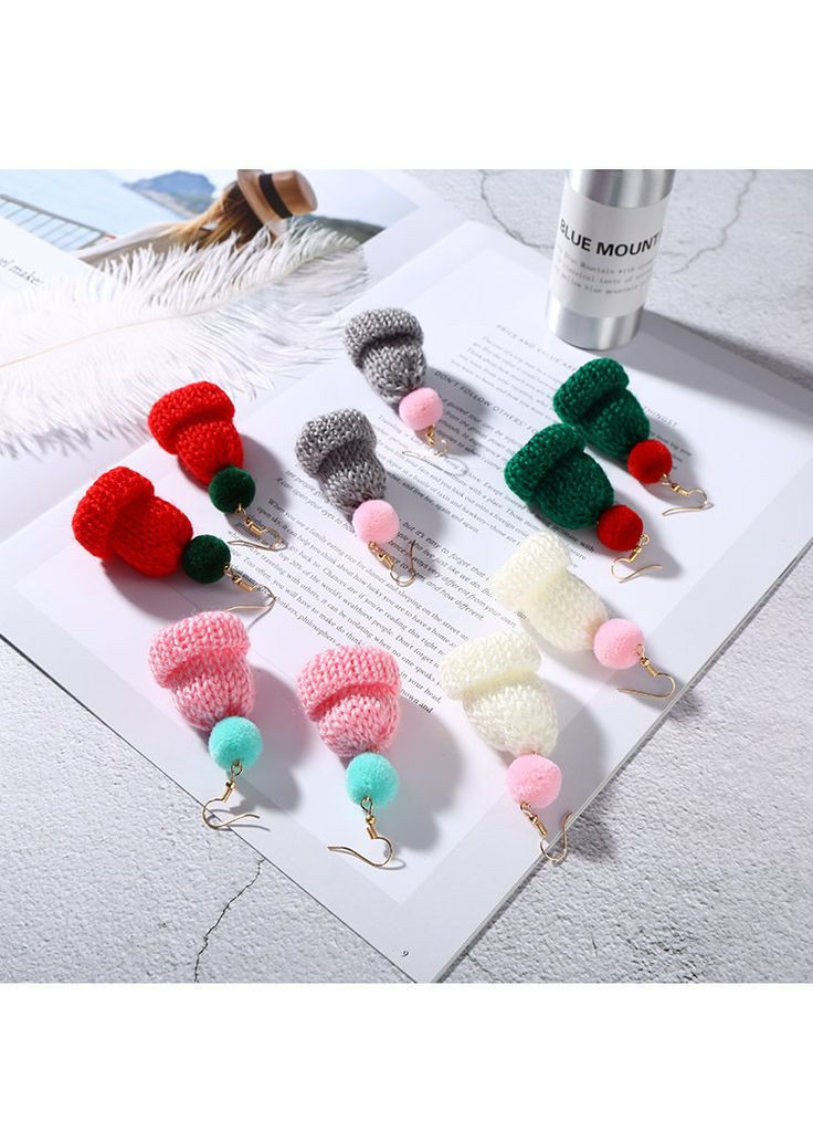 Серьги/сережки вязанные шапочки зимние новогодние «Winter mood» (розово-бирюзовый) China (366875018)