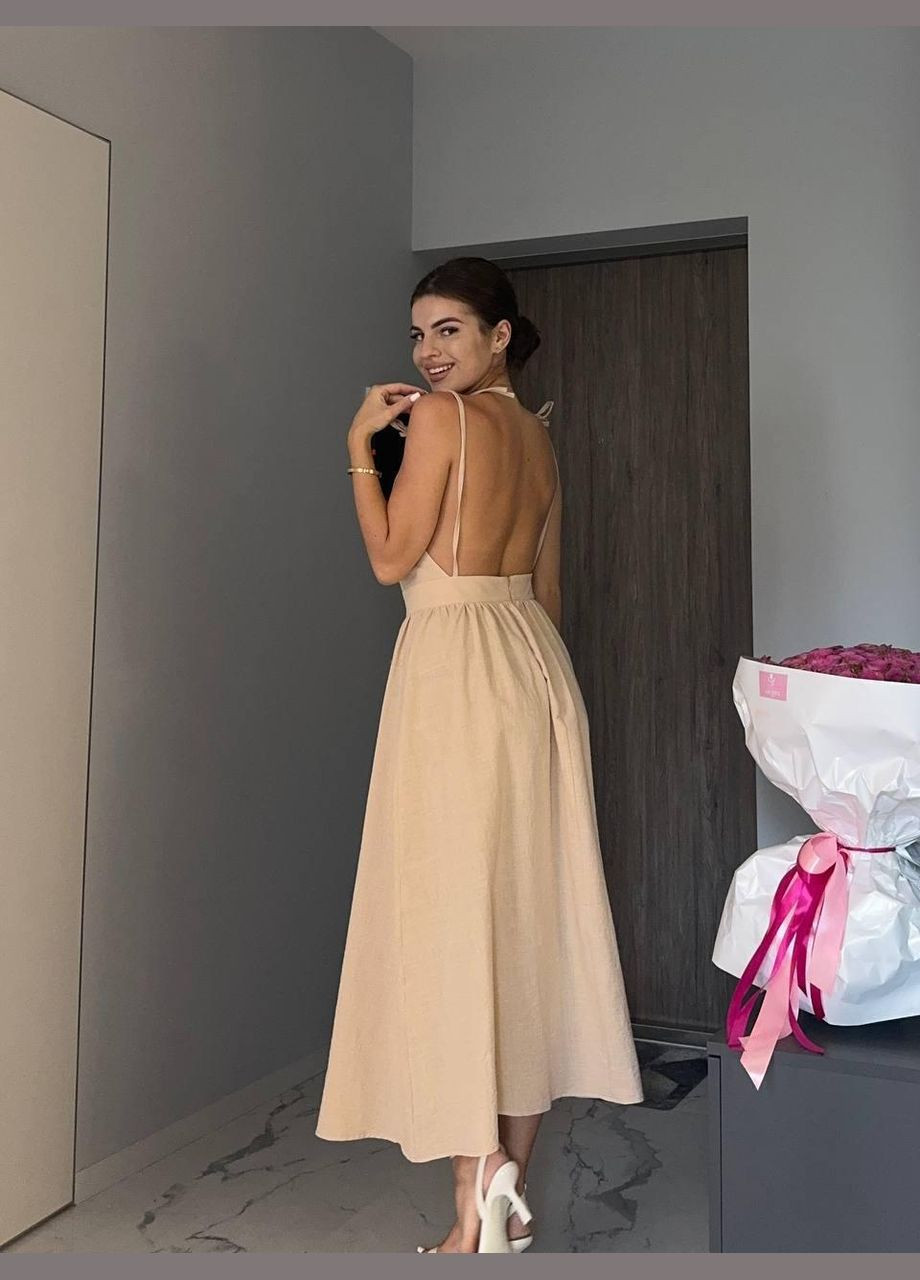 Бежевое повседневный платье женское - длина макси, однотон, на брителях JUGO однотонное