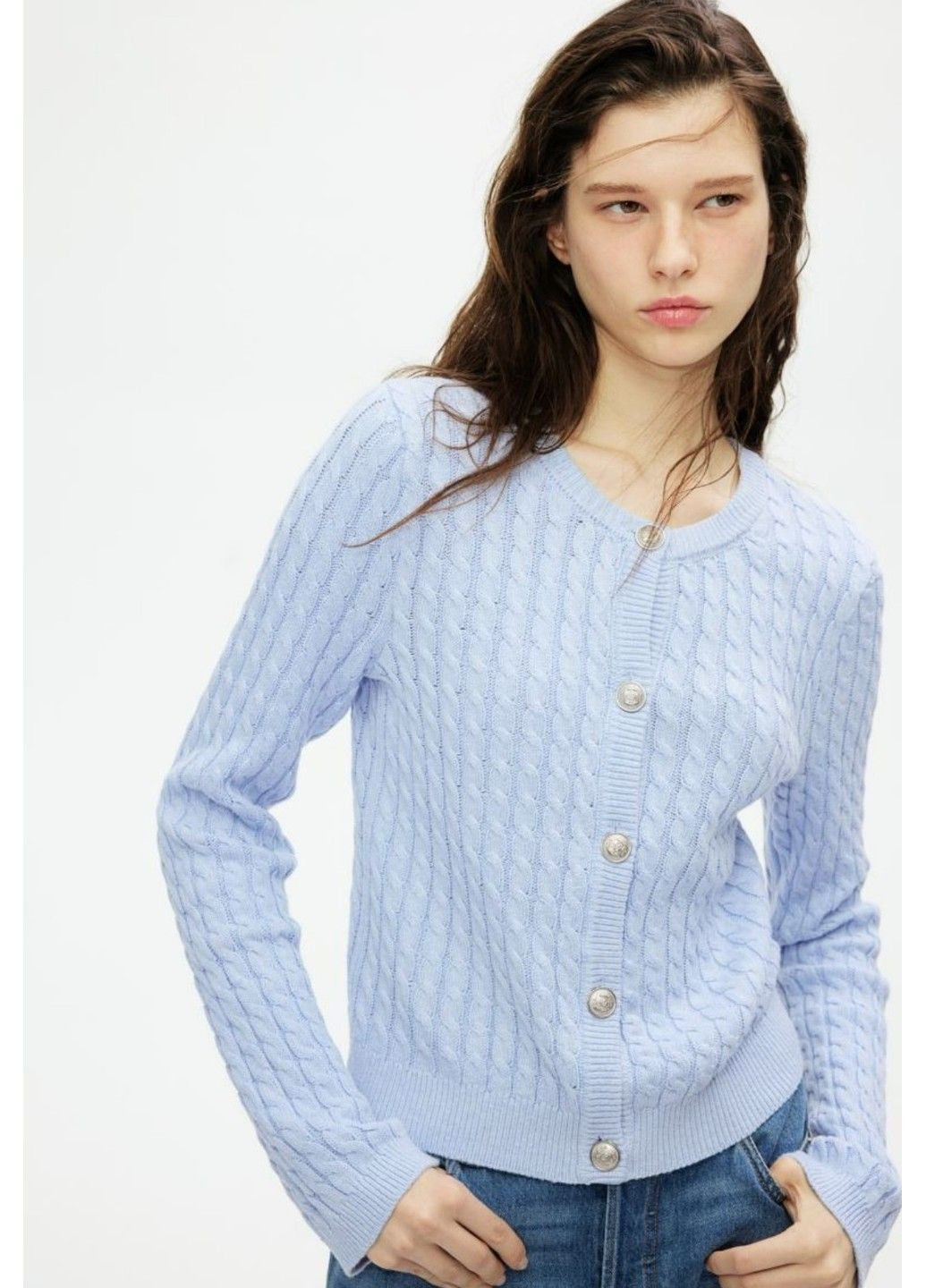 Голубой демисезонный женский свитер с узором косы н&м (58028) xs голубой H&M