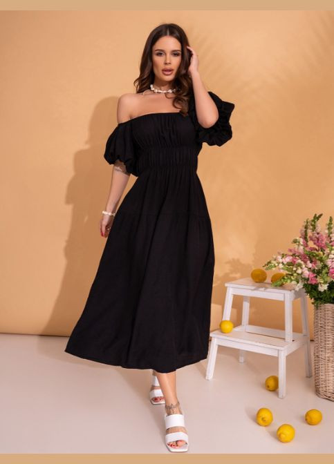 Чорна лляна сукня з рукавами-буфами No Brand однотонна