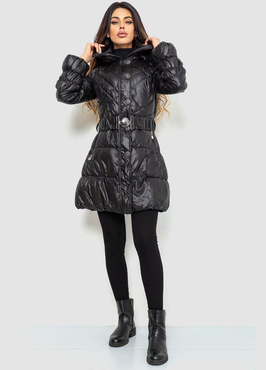 Чорна демісезонна куртка жіноча з поясом, колір чорний, Ager