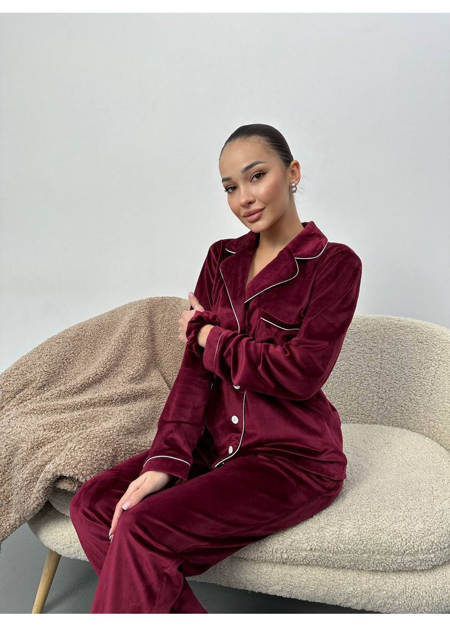 Бордова піжама трійка сорочка,штани,резинка,велюр домашній,туреччина Україна