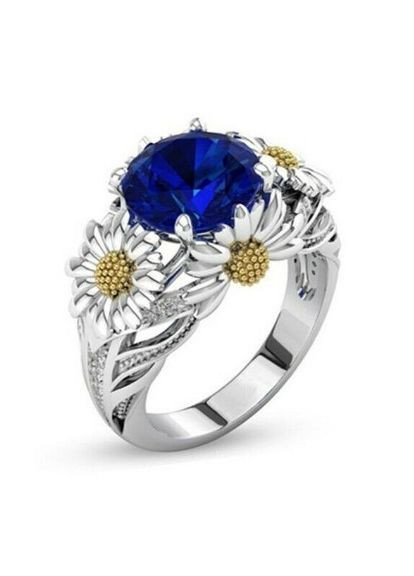 Обручальное кольцо Потрясающие цветочки Ромашки - Подсолнечника с синим камнем и желтыми цветками р 16.5 Fashion Jewelry (289355713)