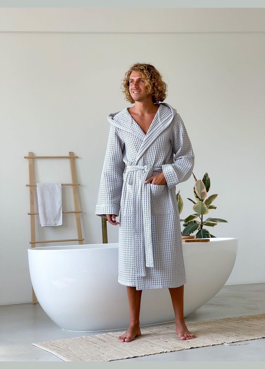 Халат чоловічий з капюшоном Грецька вафелька світло Cosy (352769659)