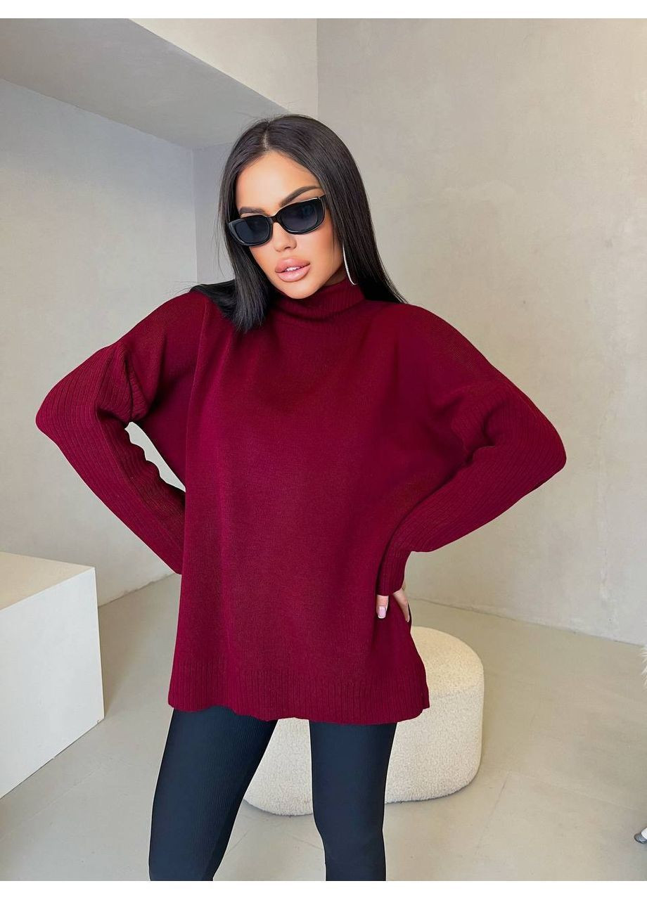 Бордовий зимовий стильний та комфортний светр oversize джемпер No Brand