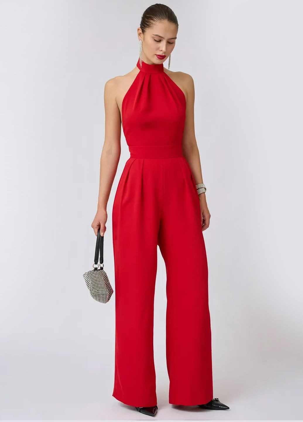 Комбінезон літній з відкритою спиною Egostyle комбінезон-брюки однотонний червоний святковий, коктейльний, вечірній софт