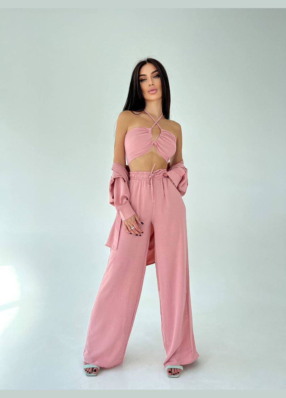 Шикарний пудровий літній костюм трійка з креп-жатки, гарний відкритий костюм, що ідеально підходить для прогулянки. No Brand 060-1 (293244758)