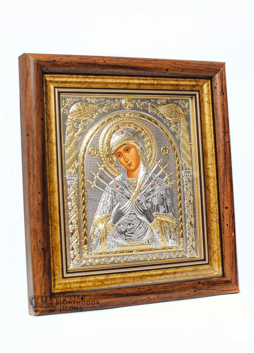 Серебряная Икона Божья Матерь Семистрельная 30,5х28,5см в прямоугольном киоте под стеклом Silver Axion (266266032)