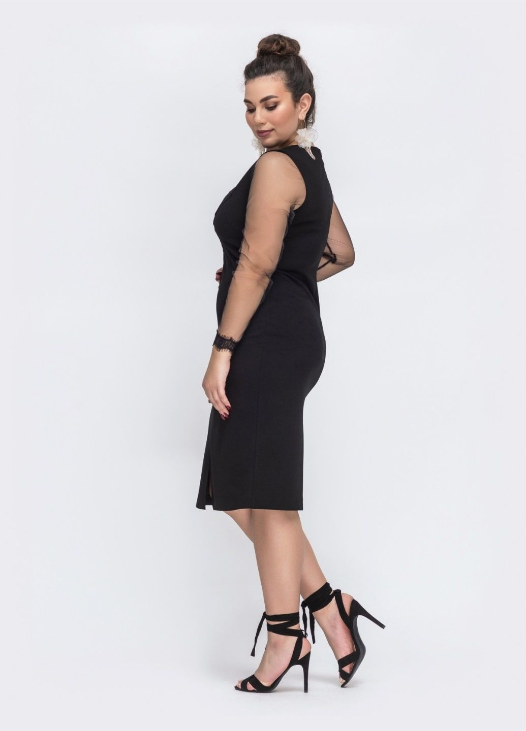 Черное вечернее чёрное платье батал со вставками из сетки Dressa однотонное