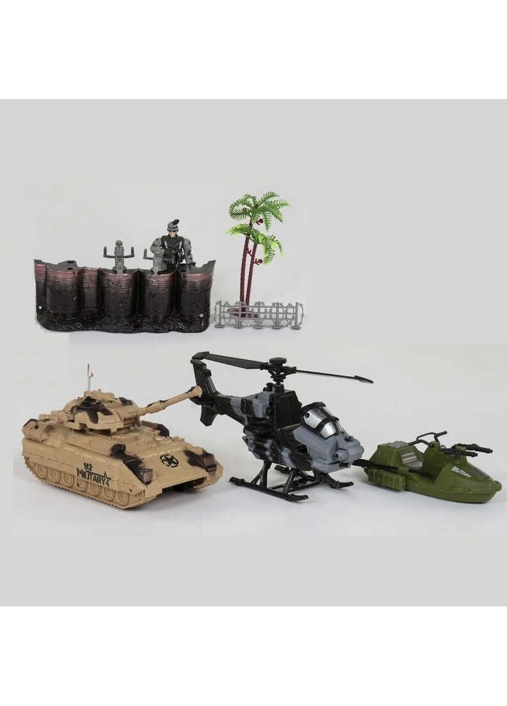 Ігровий набір "Військовий набір". Танк, вертоліт, військовий човен, солдат, зброя, декорації 43х12х36 см Hanwei Toys (289460461)