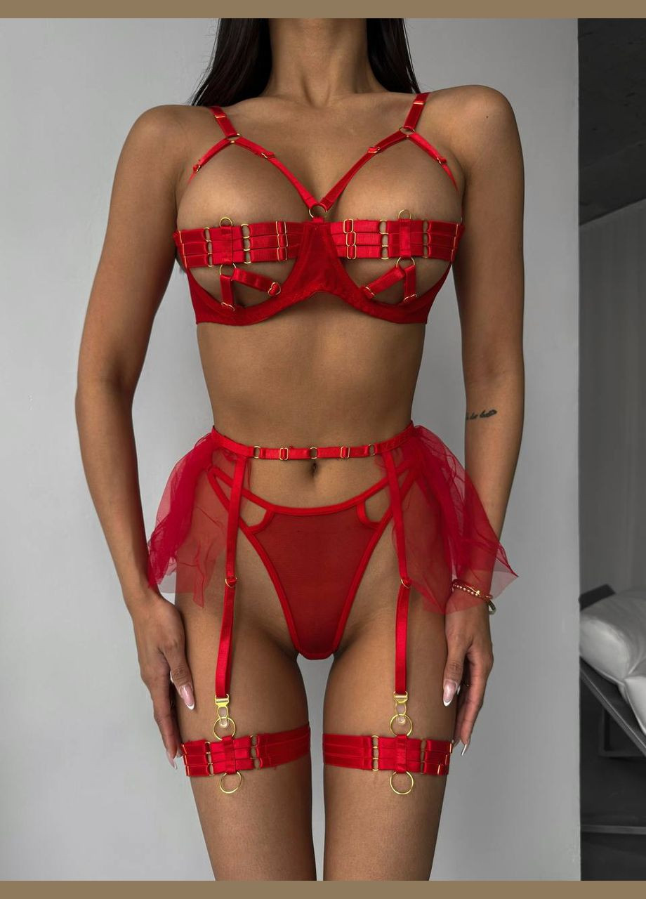 Червоний комплект жіночої білизни з поясом і гартерами Simply sexy