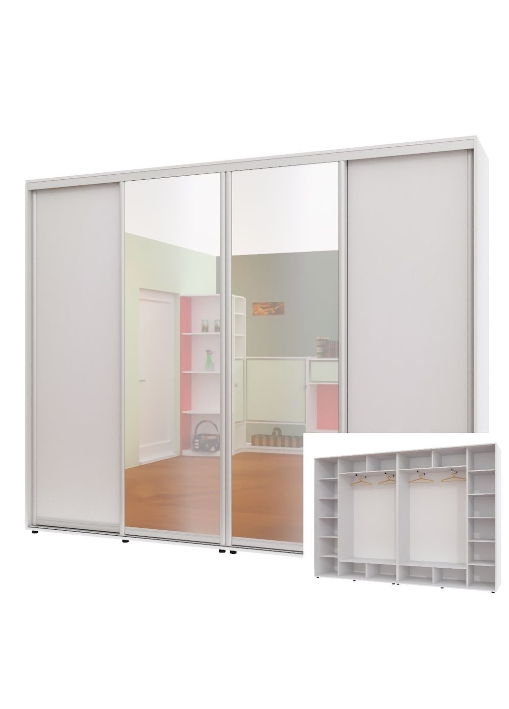 Шафа-купе чотиридверна 280*45*250 см Білий 4 двері ДСП + Дзеркало + Дзеркало + ДСП ШК-02 Алекса (360453480)