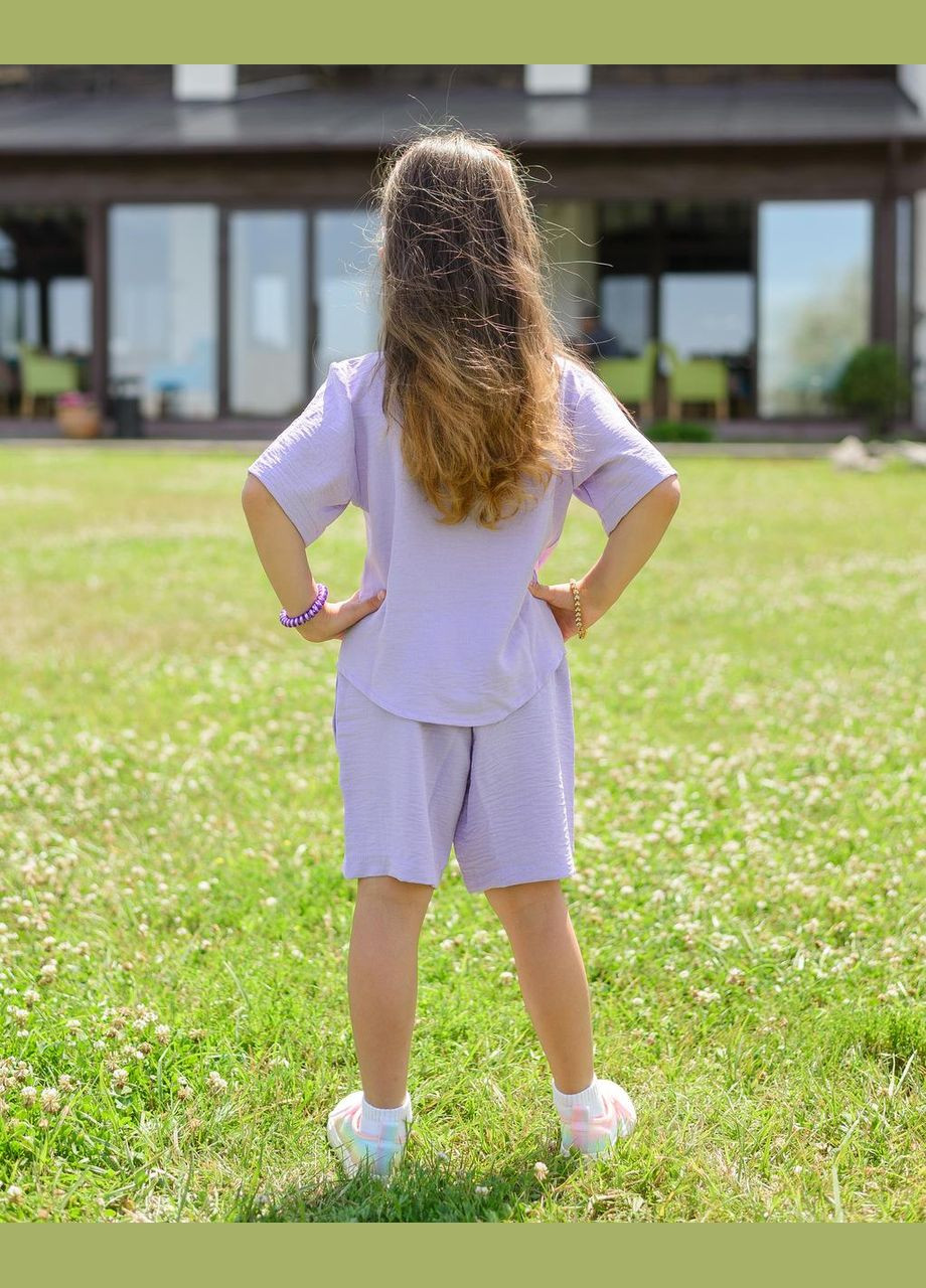 Сиреневый костюм детский из креп жатки рубашка и шорты сиреневый Maybel