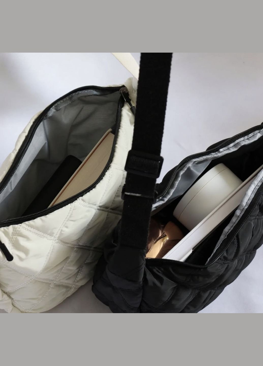 Молочна м'яка сумка через плече об’ємна велика крос-боді стьобаний стиль вмістовна торба на блискавці базова хобо fairy в ромб No Brand (325489391)