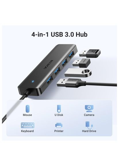 Концентратор (35574) Ugreen USB 3.0 to 4хUSB 3.0 1.0m Space Gray CM219 (368562279)