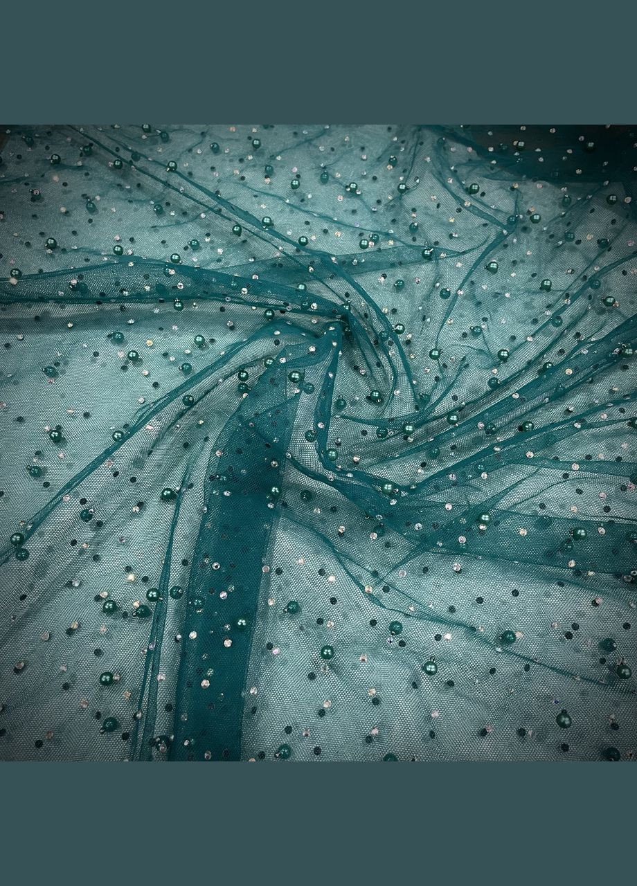 Сетка с камнями и жемчужинами стрейч морская волна No Brand (329743858)