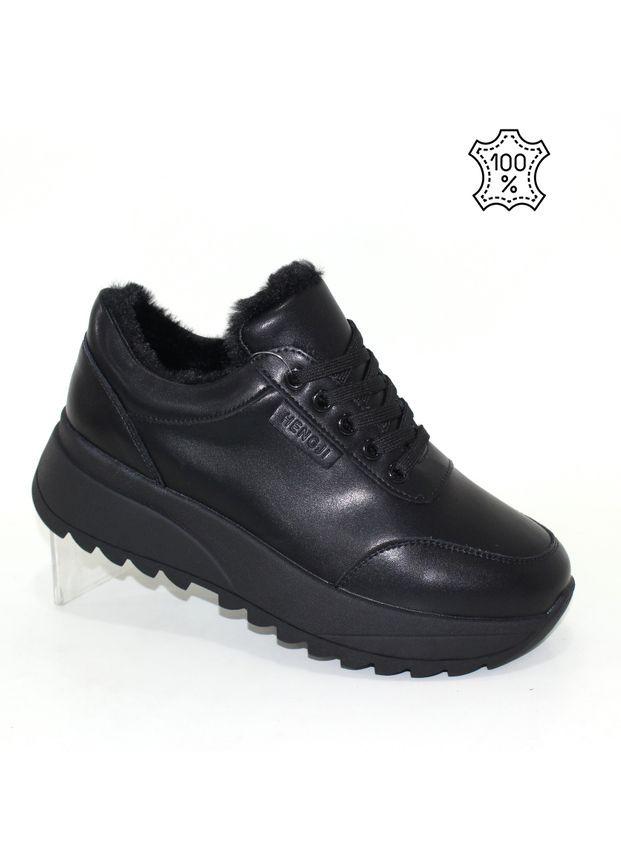 Женские зимние кожаные кроссовки с высокой ребристой подошвой Fashion чёрные зима (370877890)