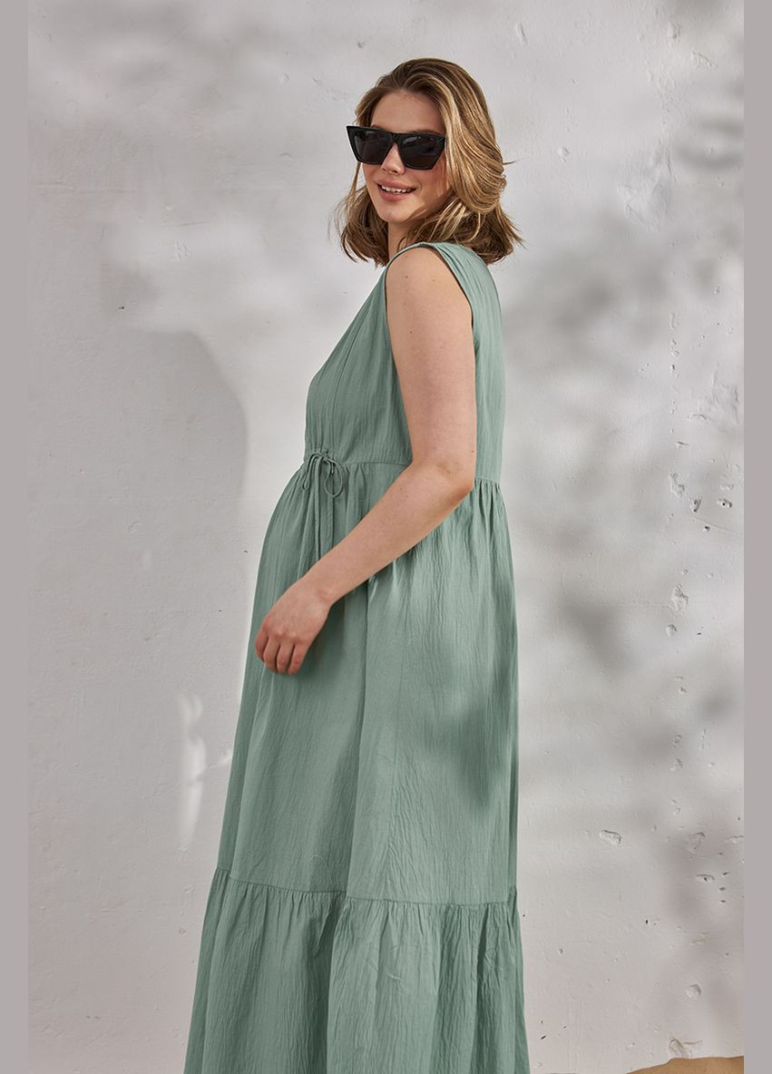 Зеленое зеленое платье для беременных и кормящих длинное из жатого хлопка Юла мама