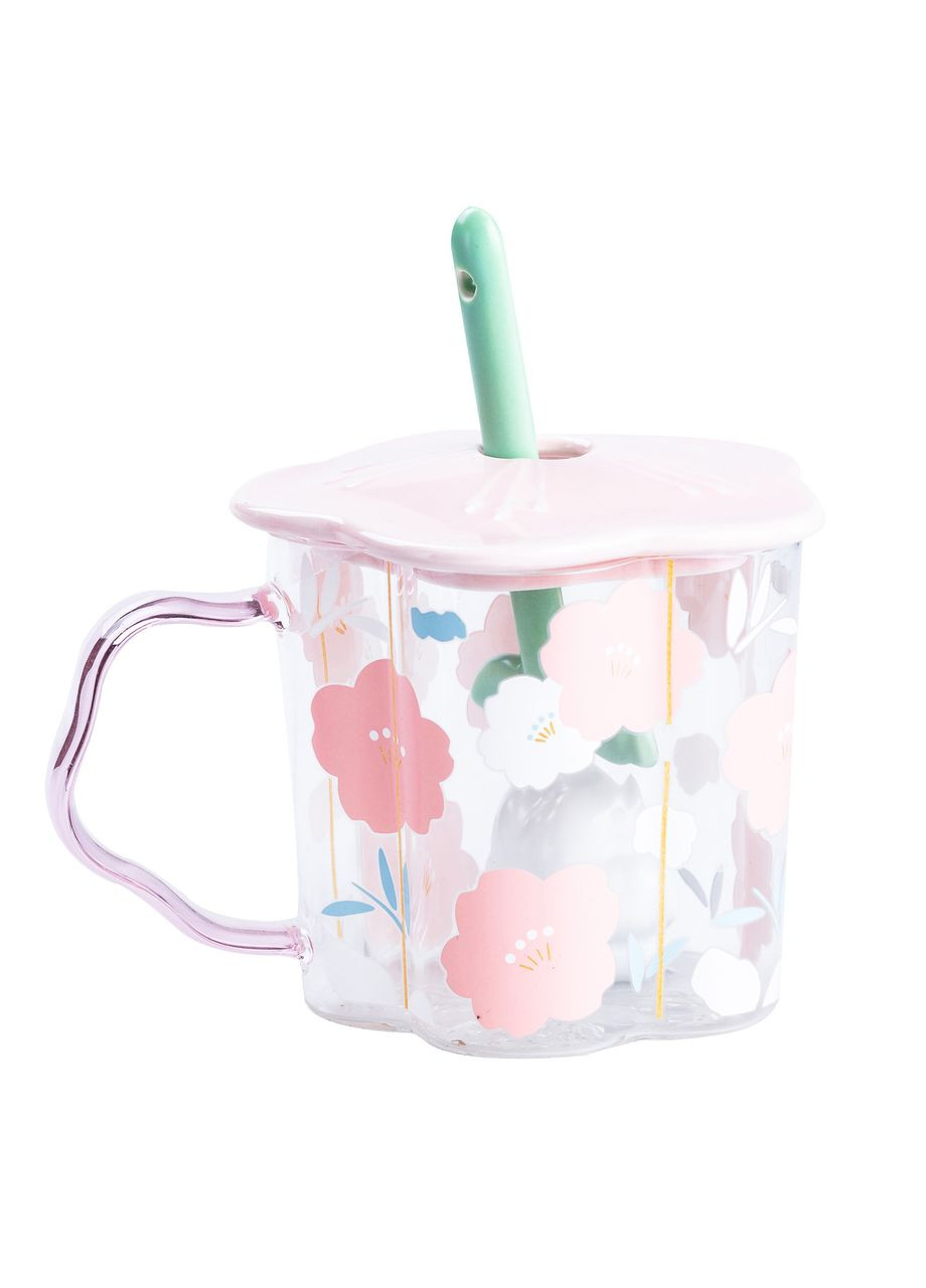 Чашка стеклянная 500 мл с ложкой и крышкой Розовый HP7213P (A-032501) Happy Life (346267100)