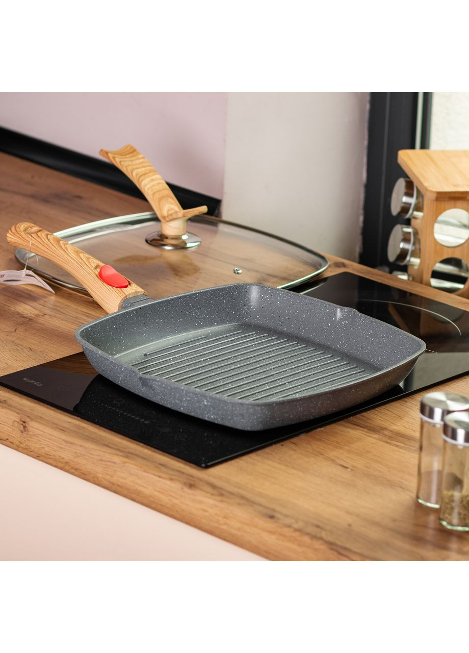 Алюминиевая сковорода-гриль 28 см со стеклянной крышкой Квадрат серый MGC (360456921)