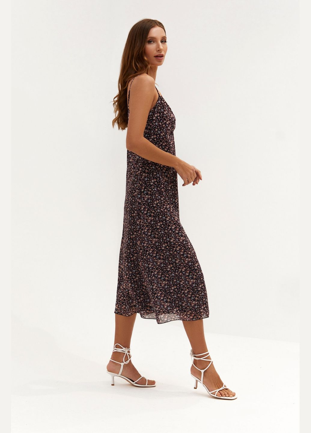 Черное платье шифоновое комбинация с завязкой меди цветы на черном Vovk с цветочным принтом