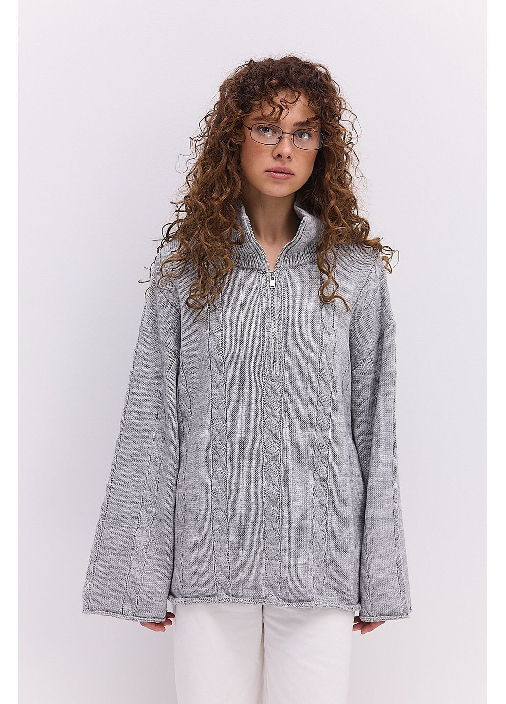 Вязаная женская кофта с воротником на молнии и косичками темно-красная Arjen (364967520)