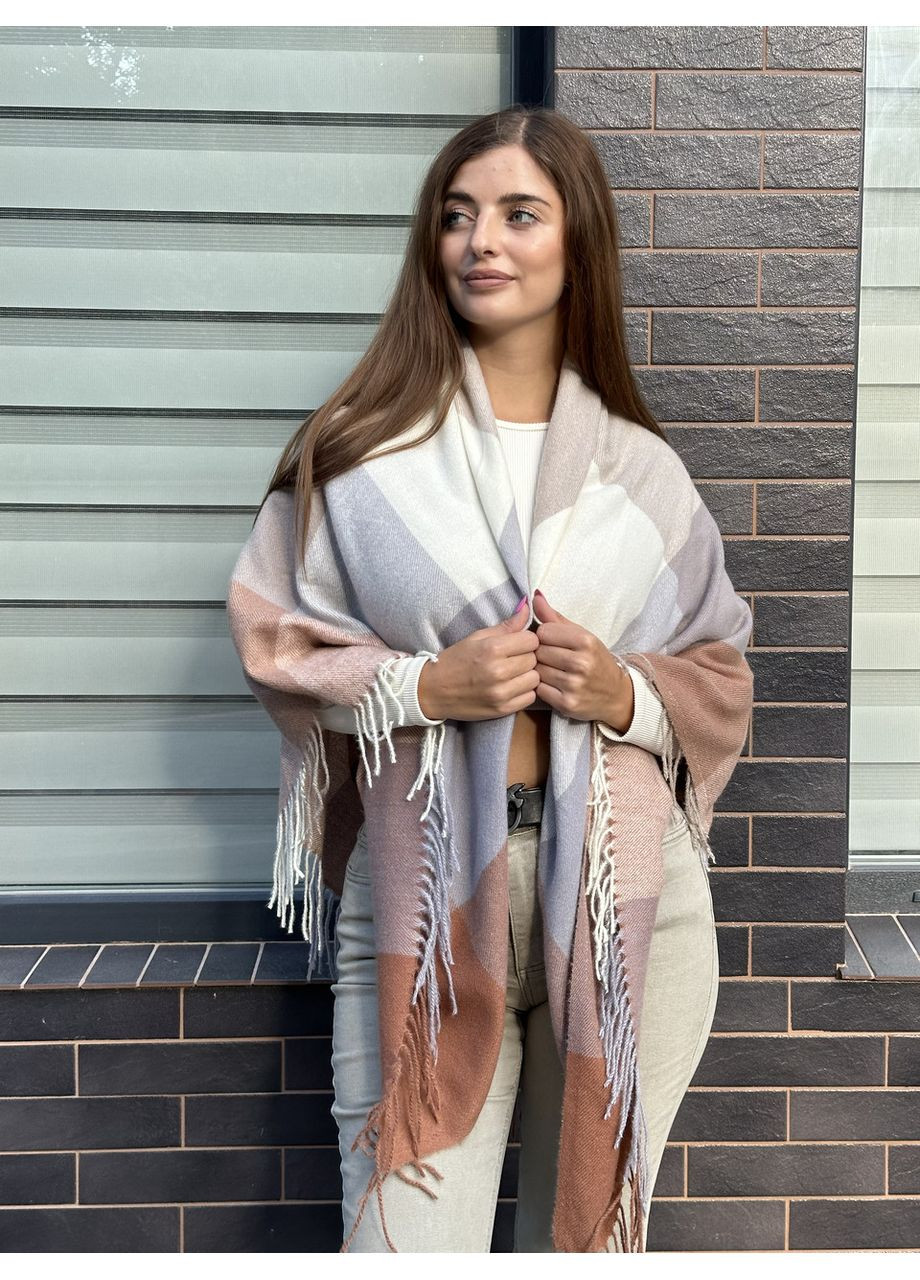 Хустка жіноча тепла в клітинку бежево-сіро-біла велика No Brand (359429703)