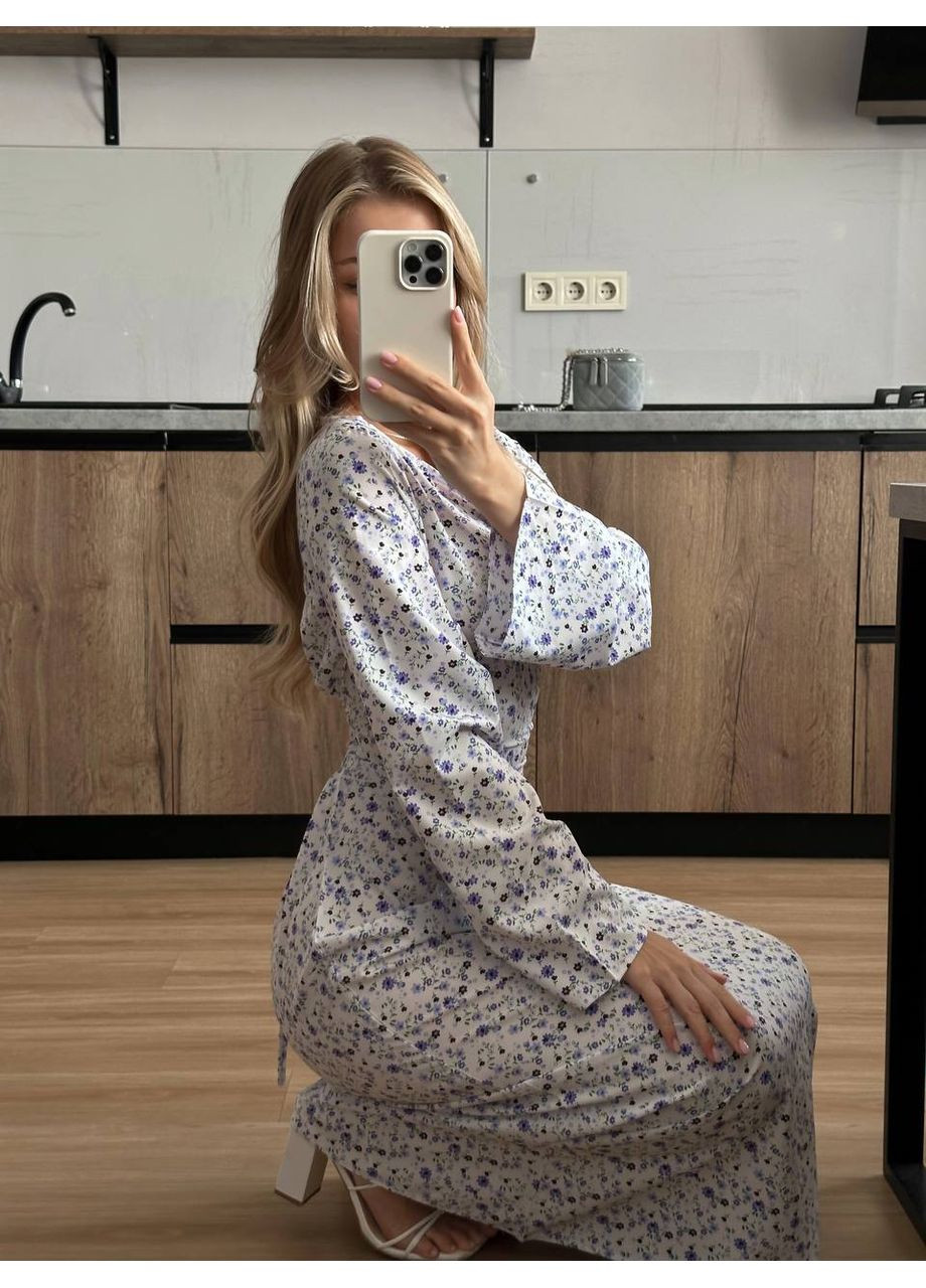 Білий біла сукня-максі з довгим рукавом та у квітковому принті No Brand з квітковим принтом