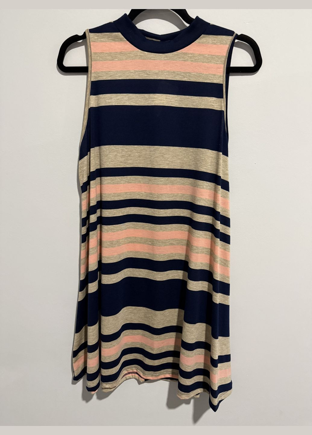 Темно-синя повсякденний, пляжна, домашній, кежуал смугаста сукня-туніка : темно-синій, рожевий, бежевий, з високим коміром Living Doll в смужку