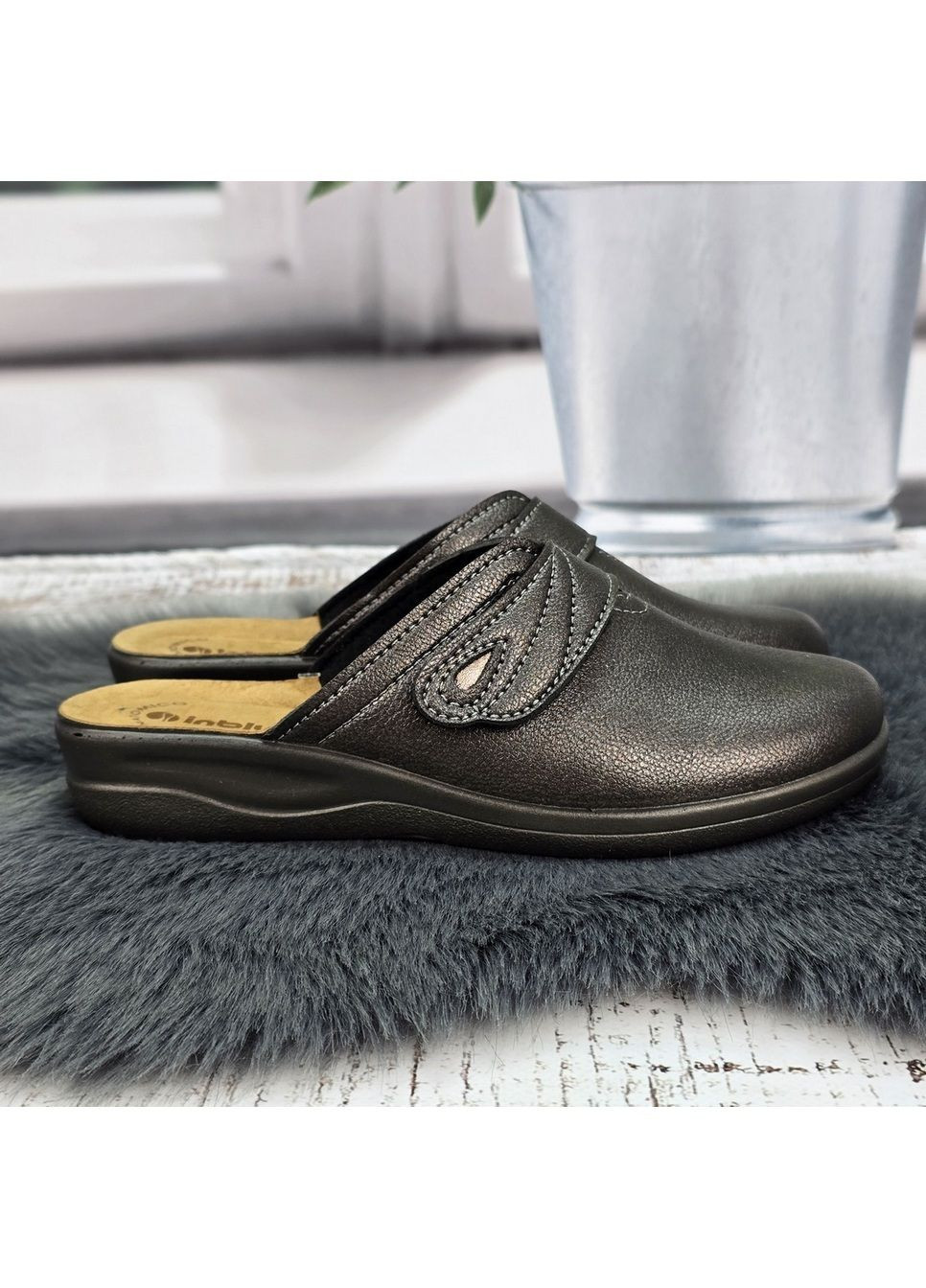 Графитовые тапочки женские для дома графитовые эко-кожа на танкетке Inblu